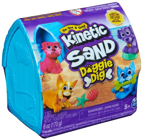 Kinetic Sand, Mini Cagnolino, 170g di Sabbia Cinetica Naturale, 1 Cagnolino a Sorpresa, 2 Accessori, Custodia a Forma di Cuccia. Giocattoli per Bambini e Bambine, 3+