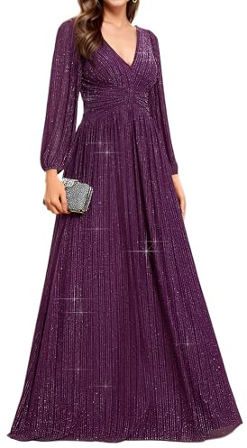 Ever-Pretty Robe de soirée formelle plissée à manches longues et col en V pour femme, taille empire, longueur au sol, grande taille