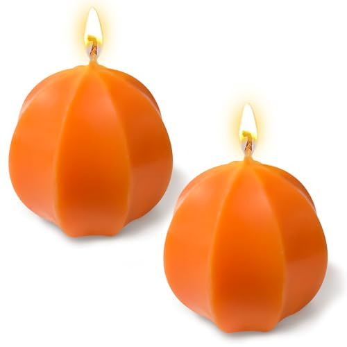 Peytanger Unscented Pillar Candles, 2 Pack Orange Octagonal Ball Candles for Wedding Dinner Fall Harvest Halloween and Home Decor, Dripless Smokeless and Clean Burning, BALL-2CHENG