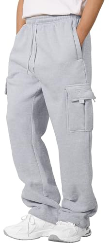 CMTOP Pantalon Chandal Hombre Algodón Pantalones Cargo de Deporte Invierno Termico Pantalón Chandal con Forro Polar Anchos Casuales Pantalones Jogger con Cordón y Bolsillos(Gris Claro, XL)