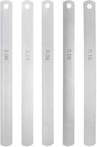 sourcing map Set di spessimetri a 5 lame in acciaio metrico, spessore 0,06 mm-0,1 mm, valvole offset, strumento di misurazione per calibro per chitarra, per misurare lo spessore della larghezza del