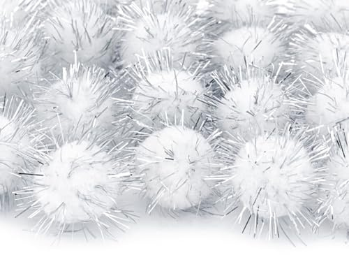Perlin 100stk Plush Pompons mit Silber Glitzer, Rund Pompon, Weiss Farbe Set 20mm Bommel Nähen Tilda Basteln Borte bälle Flauschigen Plüsch Bälle für Lustige DIY Kreative Handwerk