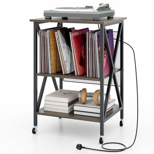 COSTWAY Record Player Stand, Rolling Turntable Stand End Sofa Side Table with Dividers, Shelf & Wheels, Albums Vinyl Record Storage Cabinet for Living Room Bedroom (with Charging Station, Grey Oak)
