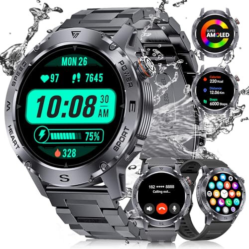Smartwatch Herren mit Telefonfunktion(3 Armbändern),1,43 AMOLED Smart Watch 400mAh Akku Sportuhr,120+ Sportmodi Herzfrequenz SpO2 Schlafmonitor,IP68 Wasserdicht Schrittzähler Fitnessuhr Android iOS