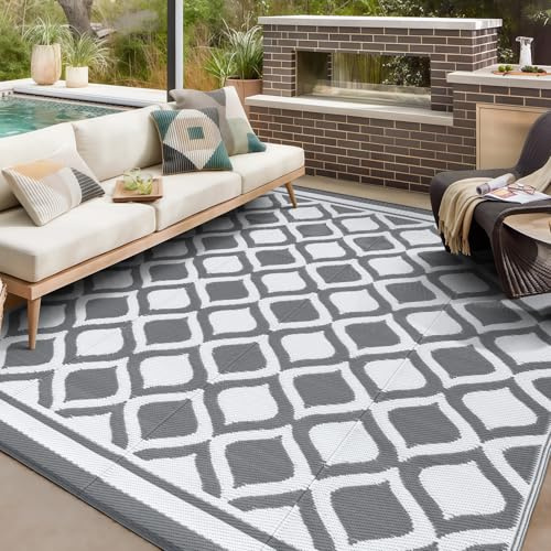VK·LIVING Großer Outdoor Teppich Wetterfest 180X270cm Kunststoff Stroh Reversible Garten Teppiche Langlebig & UV Beständig Moderne Leichte Outdoor Matte für Balkon Terrassen Camping Hof RV Grau&Weiß