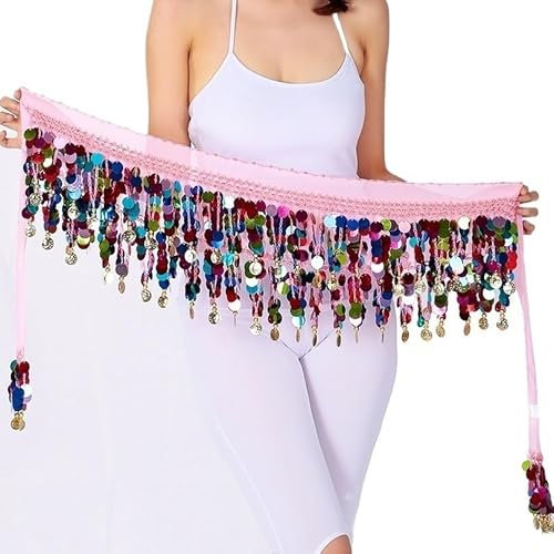 HESHUYAN Bauchtanz HüFttuch Bunter Gürtel Bauchtanzgürtel Kostüme Doppellagige Pailletten Quaste Bauchtanz Hüfttuch for Frauen Bauchtanzgürtel Bauchtanz KostüM Damen(Pink)