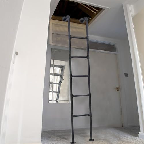 Robuste Wand-Trittleiter aus Metall für Zuhause, Dachboden, 269,2 cm Höhe, Eingangsleiter, Feuerleiter, Outdoor, Dach/Garage, Kletterleiter, Schwarz