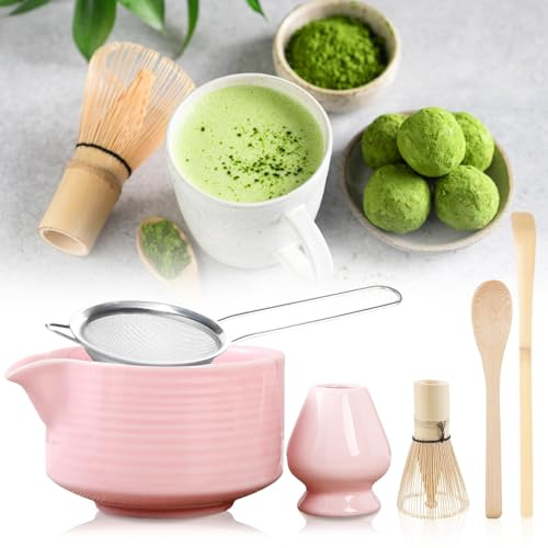 6 stycken Matcha-te-set, Matcha-set med matcha kvast, keramisk matcha-skål med hällpip, bambukvast matcha-kvast, kvasthållare av keramik, matcha sked, matcha filterskärm, matcha tillbehör