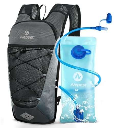 Nepest 6L Fahrradrucksack mit 2L Trinkblase – Leicht & Atmungsaktiv, Grau | Verstellbare Gurte, Aerodynamisch, Wasserdicht , 2L BPA-freie Blase, Soft-Biss, MTB, cycling, bike, biking, Laufen, Skifahren