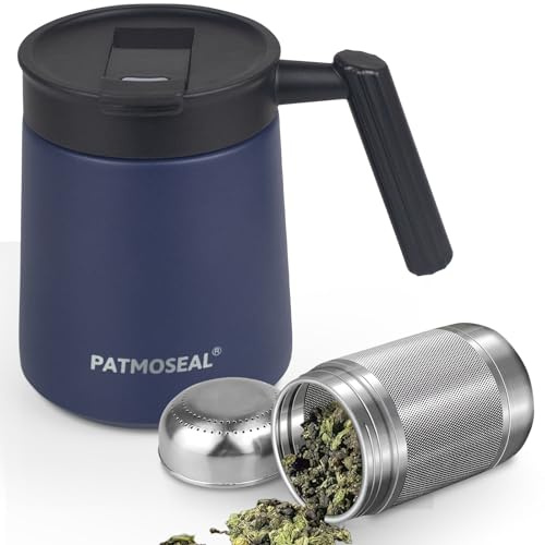 PATMOSEAL Vakuumisolierte Teetasse mit Teesieb und Deckel, auslaufsicher, Thermo-Teetasse mit Griff, für Zuhause, Büro, 500 ml (Marineblau)