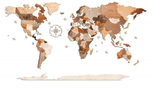 Mappa del mondo in legno, decorazione da parete, Continenti multicolori, design puzzle 3D con motivo aereo (con bussola) (200 x 110 cm)