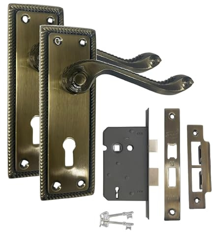 Golden Grace 150mm Georgian Lock Door Handle Antique Brass, Key Lock Set | Supplied with spindle and fixing screws for quick fitting; features a 48mm wide backplate and sturdy metal construction.