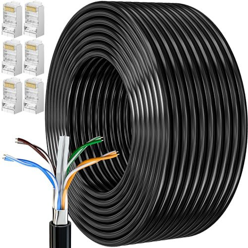 MEIPEK Cable Ethernet 60m, Cat 6 Rj45 Blindé Gigabit Câble Réseau Extérieur FTP 23AWG Internet Noir 60 Mètres Cable Lan pour Modem Routeur