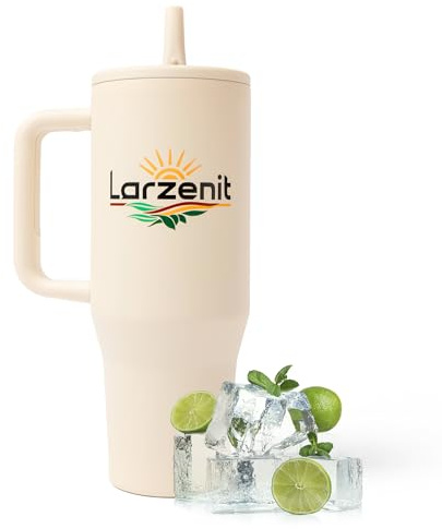 Vaso Termico Café para llevar antiderrame asa y pajita (1,18L). Termo agua con asa (40 OZ). SIN BPA. Apto Coche y Lavavajillas. Regalo original hombre y mujer