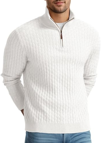 QIXING Herren Viertelzip Waffelstrick Strickpullover Halbhoher Kragen Dicker Winterpulli Casual mit 1/4-Reißverschluss (Weiß, L)