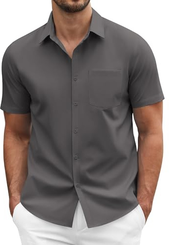 COOFANDY Men Dress Shirt Summer Evening Regular Fit Polyester Stretchy Button Down Shirts with Chest Pocket Dark Grey