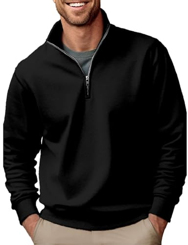 Sweatshirt herr tröja halv dragkedja tröja ståkrage vintertröja halv öppen knappslå tröja enfärgad tröja tjock termotröja bekväm passform långärmad tröja, svart, L