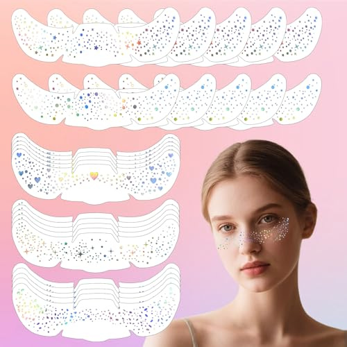 Sularpek 25 Pcs Holographische Multichrome Glitzer Sommersprossen Tattoos, Bunte Glitzer Freckles Tattoo Set, Wasserdichte Gesichtstattoos, für Musikfestival, Halloween, Weihnachten