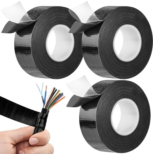 Piaxle 3 Pièces de Ruban Isolant Auto-Soudable 15 m X 23 mm X 0.8 mm, 10 KV Ruban Isolant Noir Ruban Adhésif Résistant à la Chaleur et à L'eau pour L'isolation et L'entretien des Câbles