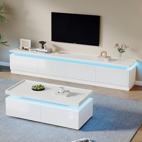 NNJN Mueble de TV moderno y minimalista blanco brillante con luces LED + 4 cajones, apto para televisores de 75 pulgadas, color blanco