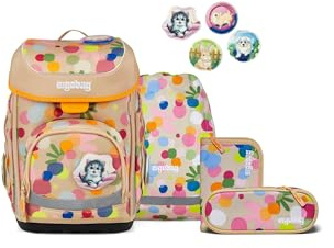 ergobag Schulranzen-Set cubo Set Flower PowBär - Beige | Ergonomischer Schulranzen klassisch 5-teilig für die 1. Klasse der Grundschule