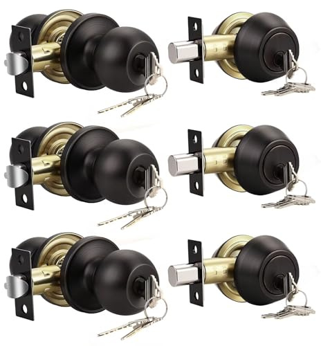 Knobonly Entry Door Knobs and Double Cylinder Deadbolt, Keyed Alike Door Handle Set with Same Keys, Combo Pack for Front Doors-Keyed on Both Side, Oil Rubbed Bronze Finish, Contractor Pack of 3 Set