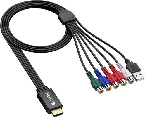eSynic Cable Convertidor Portátil YPbPr a HDMI - Adaptador Todo en Uno de Componente Hembra a HDMI con Enchufe Incorporado - para Xbox 360/PS2/Wii/Reproductor de DVD a HDTV - 1080P@60Hz de Paso - (NO