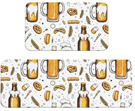 TZTTZT 2 Stück Küchenmatten für Boden, Biersprudeln, Weizendruck, Küchenteppich, rutschfest, waschbar, Anti-Ermüdungsmatten für Küche, Bodenmatte, Teppiche, 2er-Set, Heimdekoration
