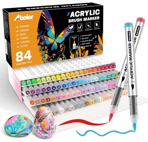 ABEIER 84 Colori Pennarelli Acrilici, Pennarelli Acrilici Marker Brush Pen, Acrylic Marker Ad Acqua, per Legno, Vetro, Tessuti, Ceramica, Sassi