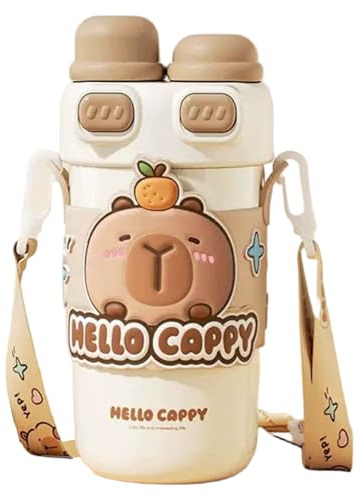 Joygoodta Capybara Bouteille d'eau, 540 ML en Acier Inoxydable, Bouteille d'eau Kawaii à Double Boisson avec Paille et Sangle réglable pour l'école, Le Bureau, Les Voyages, Blanc