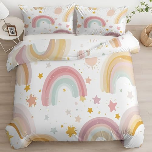 Funda Nordica Cama 105 Infantil Arcoiris Funda Edredon 180x220 Patrón De Dibujos Animados 3D Fundas de Edredón Microfibra Suave Ropa de Cama de 3 Piezas con Cremallera y 2 Fundas de Almohada H-347