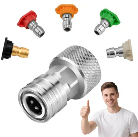 Garden Hose to Mini Power Washer Adapter-3/4 GHT to 1/4, Garden Hose Pressure Washer Attachment, Convert Water Hose to Power Washer Connector, Stainless Steel (Connector +5 Nozzle Set)