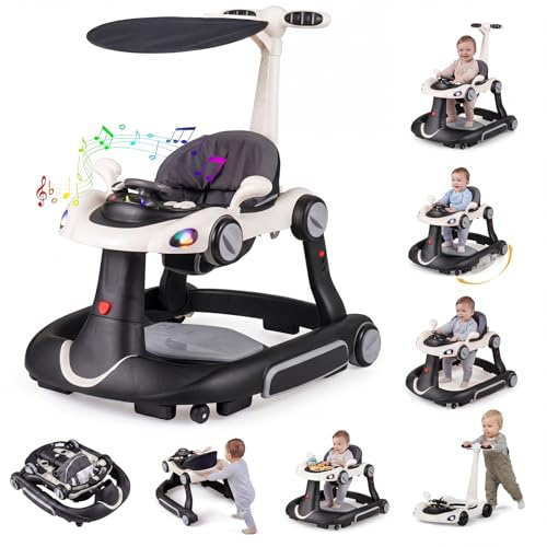 COSTWAY 7-i-1-lära-gå-vagn med skydd, lärvagn med justerbar höjd & hastighet, baby walker vikbar med spelplan, musik, ljus & hjul, gåfri baby från 6 månader (Svart)