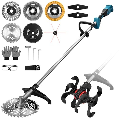 Zappa e tagliaerba a batteria 2 in 1 da 1380 W, compatibile con batteria Makita da 18 V, fresa elettrica da giardino con testa e 7 utensili per tosaerba, batteria per aiuole, coltivatori (senza