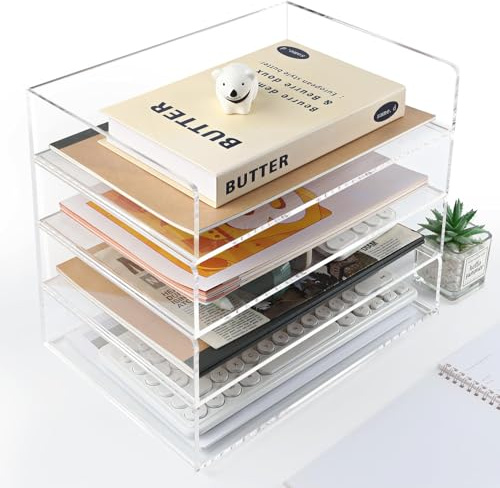 Hanured Portacorrispondenza a 4 ripiani in acrilico, organizer da scrivania trasparente, robusto portacorrispondenza impilabile, per ufficio, scuola, casa,Formato A4, Libri, Appunti