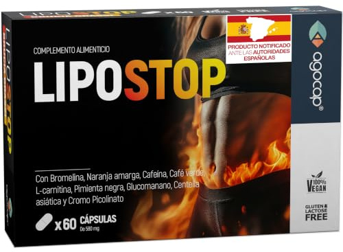 LIPOSTOP Integratore Alimentare con Bromelina, Caffeina, L-Carnitina e Glucomannano – con Caffè Verde e Centella Asiatica – 60 Capsule – Agocap