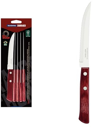 Tramontina Steak Pizza Messer, 6 Stück, Set, Edelstahl, Rostfrei, FSC | Scharfer Wellenschliff, FSC zertifizierter Holzgriff, Spülmaschinenfest, Für Steak, Pizza, BBQ, Ergonomisch