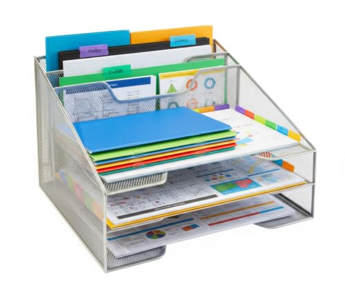 Osco Silver Wire Mesh File Organiser, A4 Desk Tidy 5 Section Letter Tray, Office Document Holder, Paper Storage Home Office, Teacher School Desk Tray, No Assembly Required, 24x32x29 cm
