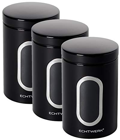 ECHTWERK Boîtes à provisions élégantes, set de 3, noir, pour la conservation de farine/sucre/céréales/thé, boîte métallique avec couvercle hermétique et grande fenêtre, capacité 1, 4L, Iron, 3