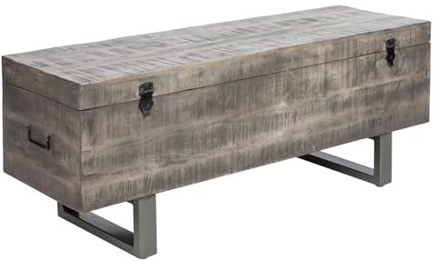 invicta INTERIOR Industrial Truhenbank Factory LOFT 115cm Mangoholz grau Sitzbank mit Stauraum Holzbank Truhe
