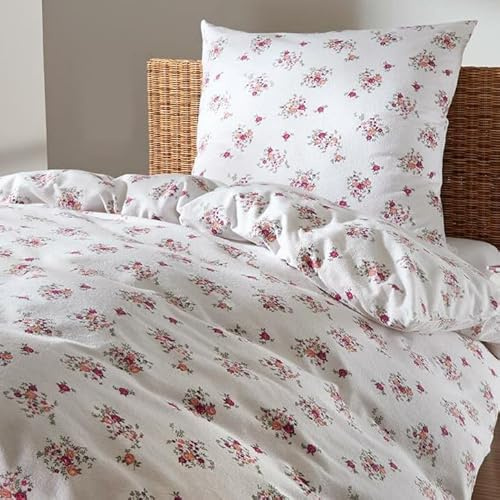 Traumschlaf Frottee Bettwäsche Claire - Kuschelig weich & hautfreundlich - Geblümtes Design in Rot auf Weiß - Atmungsaktiv & pflegeleicht - Mit Reißverschluss - 135x200 cm + 80x80 cm