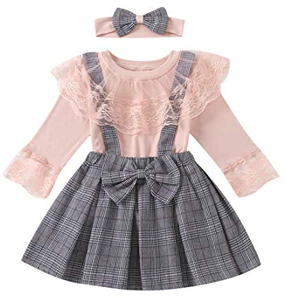 Verve Jelly Completi per Bebè Neonate Autunno Inverno Completo Manica Lunga in Pizzo t-Shirt Top Plaid Bretella Gonna Vestito Completo, Rosa, 110, 3-4 Anni