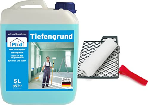 Plid Tiefengrund bläulich 5 L mit Streichset – Grundierung | Universell einsetzbar | Haftgrund für Fassadenfarbe & Rollputz | Tapetengrund | ca. 35 m² | Innen & Außen