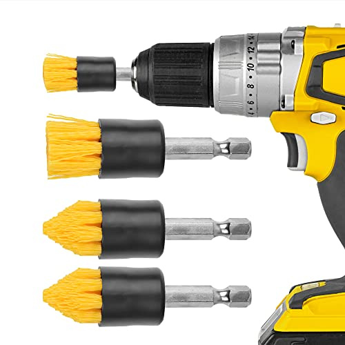 Impresa 4-Pack Drill Brush Attachment Set - Yellow, 5/8 Stiff Bristles - Efficient Cleaning, Quick-Change Shafts & Cordless Drill Fit - Versatile Tile Cleaning & Tile Grout