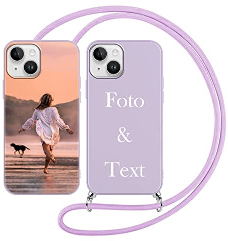 Yoedge Handykette Personalisierte Handyhülle für Apple iPhone 14 Plus Hülle mit Band Kordel 6,7,Selbst Gestalten mit Foto Bild Text Individuelle Schutzhülle Lila Cover für iPhone 14 Plus Case