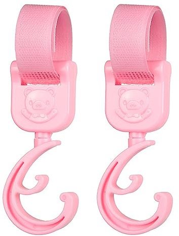 Confezione da 2 clip per passeggino, ganci per passeggino, ganci per agganciare borse della spesa, borsa o borsa del cambio al passeggino, carrozzina o passeggino, misura universale, rosa