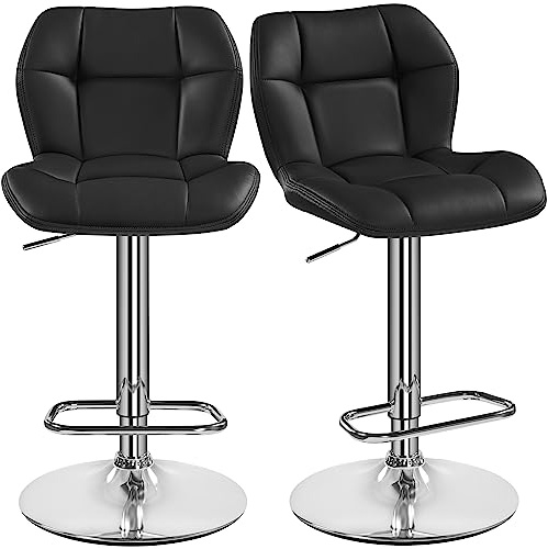 Yaheetech Juego de 2 Taburetes de Bar Taburetes Altos de Cocina de Polipiel, Altura Ajustable, Giratorio en 360° con Respaldo y Reposapiés, Negro