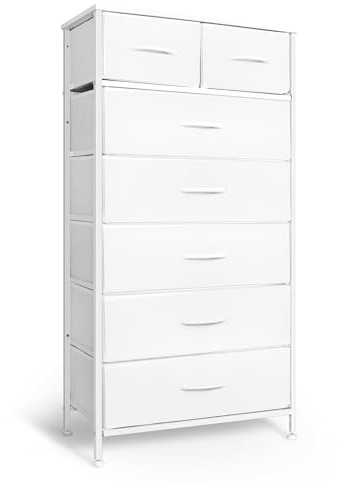 Mifuro Tall Dresser for Bedroom, Vertical Storage Organizer Tower with 7 Drawers, Chest of Drawers with Fabric Bins, Steel Frame, Wood Top for Bedroom, Closet, Entryway- White