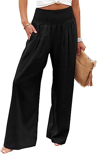 KISSMODA Ladies Classic Palazzo Trousers Elastic High Waist Pants Loose Fit Wide Legged Long Lounge Trouser A-Black