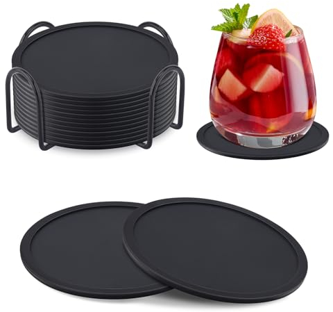Geichan Silicone Coasters for Drinks,12PCS Black Coasters with Holder,Absorbent Drink Pads Protect Furniture,Rubber Coaster Mat for Coffee Beer Mug Wine Glass Home and Bar ﻿